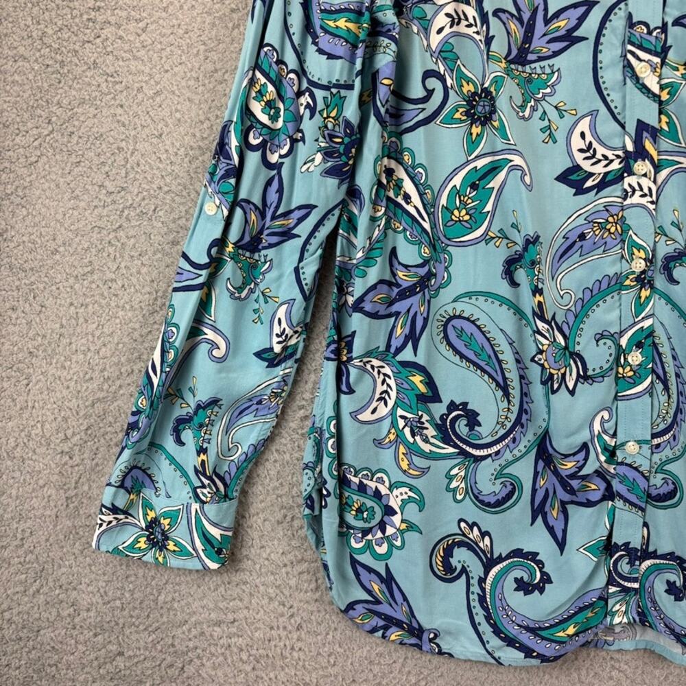 Talbots Blouse XL Blue Paisley Boho Preppy Floral Whimsical Colorful Roll Tab - Picture 3 of 10